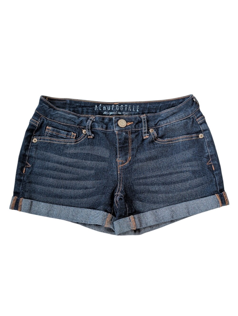 Aeropostale Denim Cuffed Midi Jean Shorts 0 Dark Wash Blue Pockets